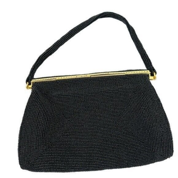 Vintage Black Seed Bead Evening Bag ~ Retro ART DECO Style Gold Frame JAPAN - Picture 2 of 9